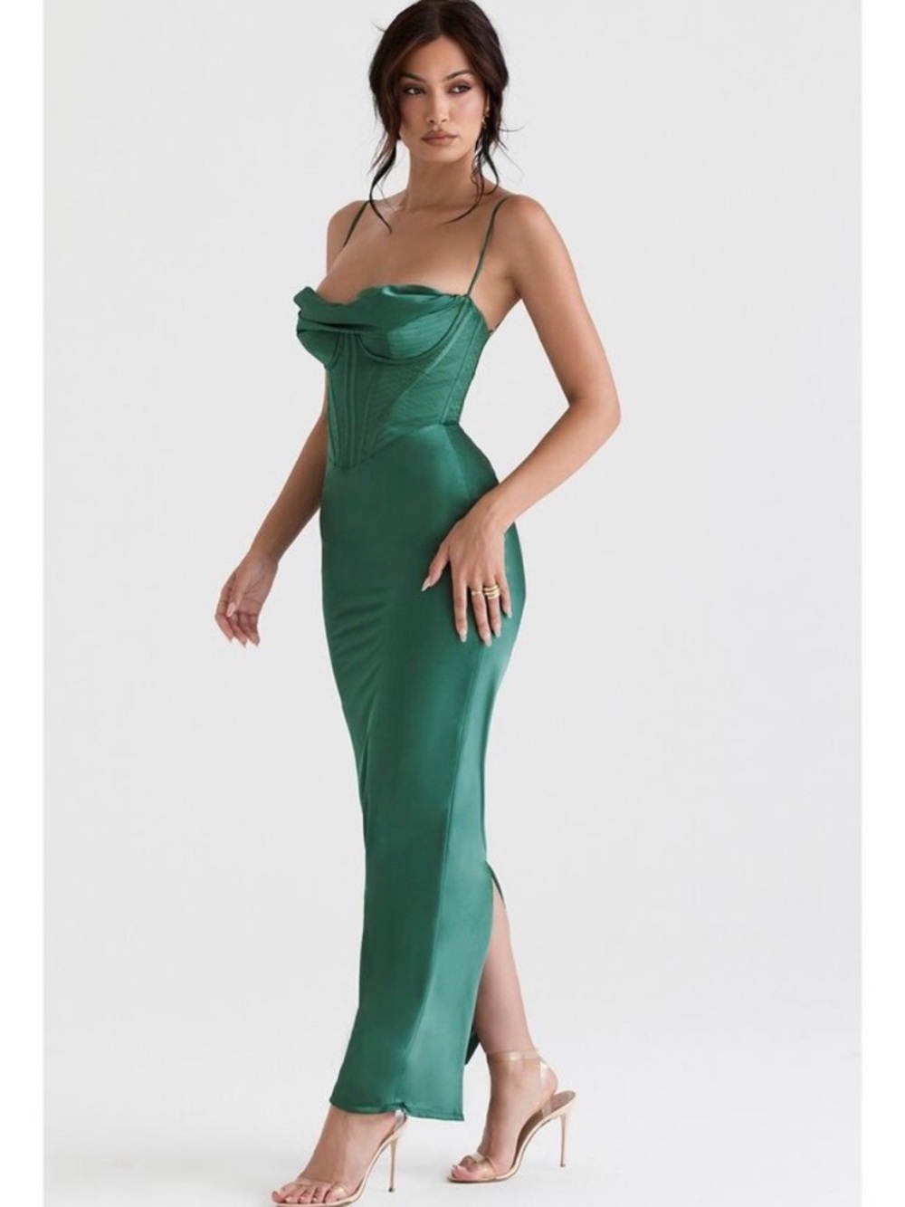 NWOT House of CB Emerald Satin Corset Maxi Dress - Picture 2 of 6